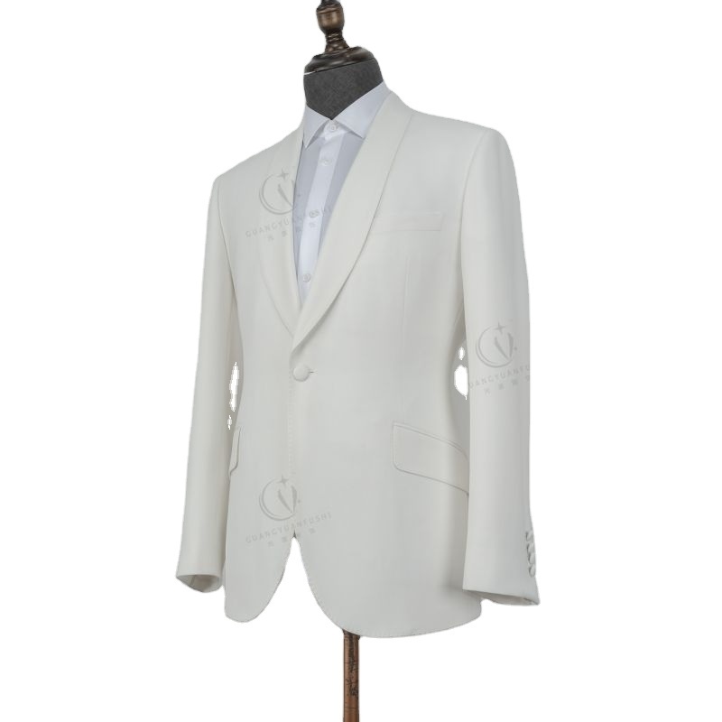 White Groom Suits 2 Pieces Coat Pants Wool  Polyester Single Breasted Breathable Shawl Lapel Men Suit