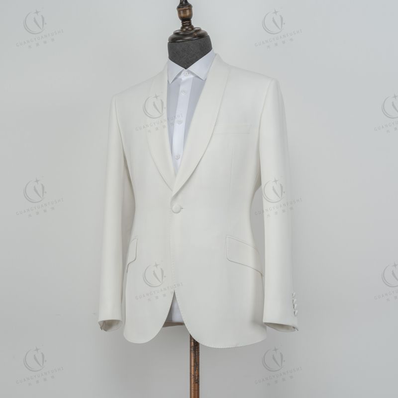 White Groom Suits 2 Pieces Coat Pants Wool  Polyester Single Breasted Breathable Shawl Lapel Men Suit