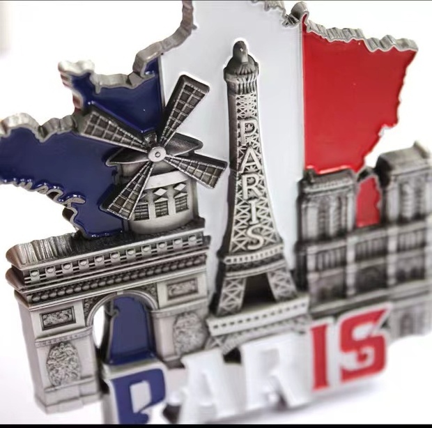 Creative three-dimensional map of Paris, France Tourist attractions souvenir Eiffel Tower metal fridge magnet