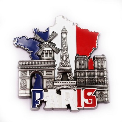 Creative three-dimensional map of Paris, France Tourist attractions souvenir Eiffel Tower metal fridge magnet