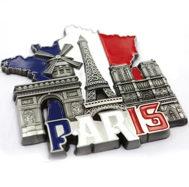 Creative three-dimensional map of Paris, France Tourist attractions souvenir Eiffel Tower metal fridge magnet