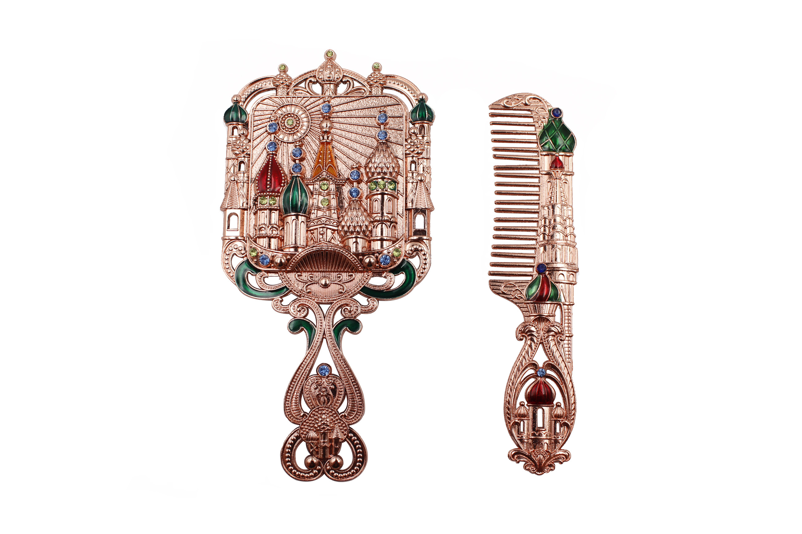 Tower Pattern Tourist Souvenirs Vintage Antique Round Bronze Embellished Mini Hand Mirror and Comb Set