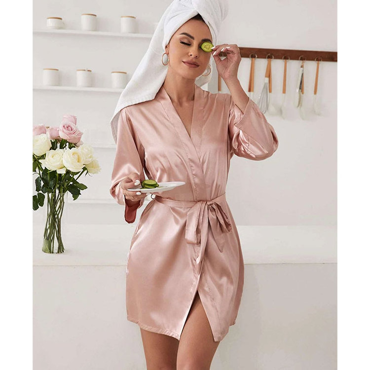 wholesale custom logo luxury women kimono style silk night gown dress bridesmaid 100% mulberry silk satin robes