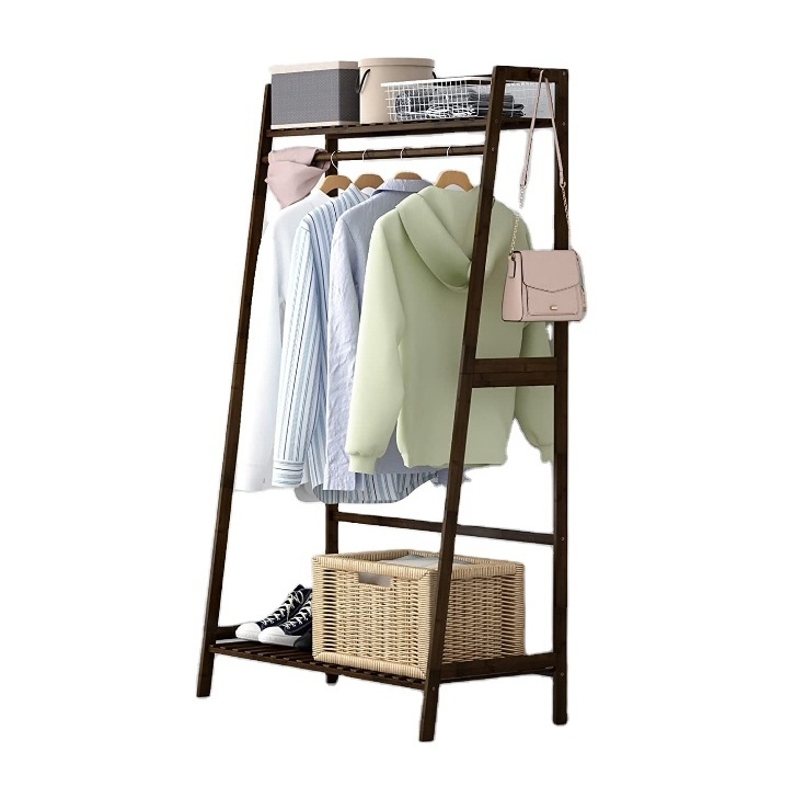 Double Storage Shelves Freestanding Wooden Hanging Clothing Shoes Rack for Bedroom