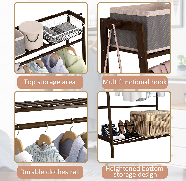 Double Storage Shelves Freestanding Wooden Hanging Clothing Shoes Rack for Bedroom