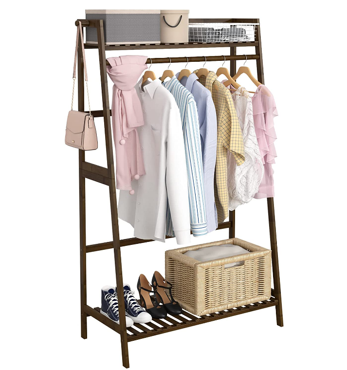 Double Storage Shelves Freestanding Wooden Hanging Clothing Shoes Rack for Bedroom