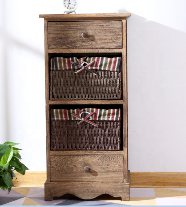 Factory Hot Wholesale Shabby Customized Living Room Wooden Storage Cabinet With Straw Basket