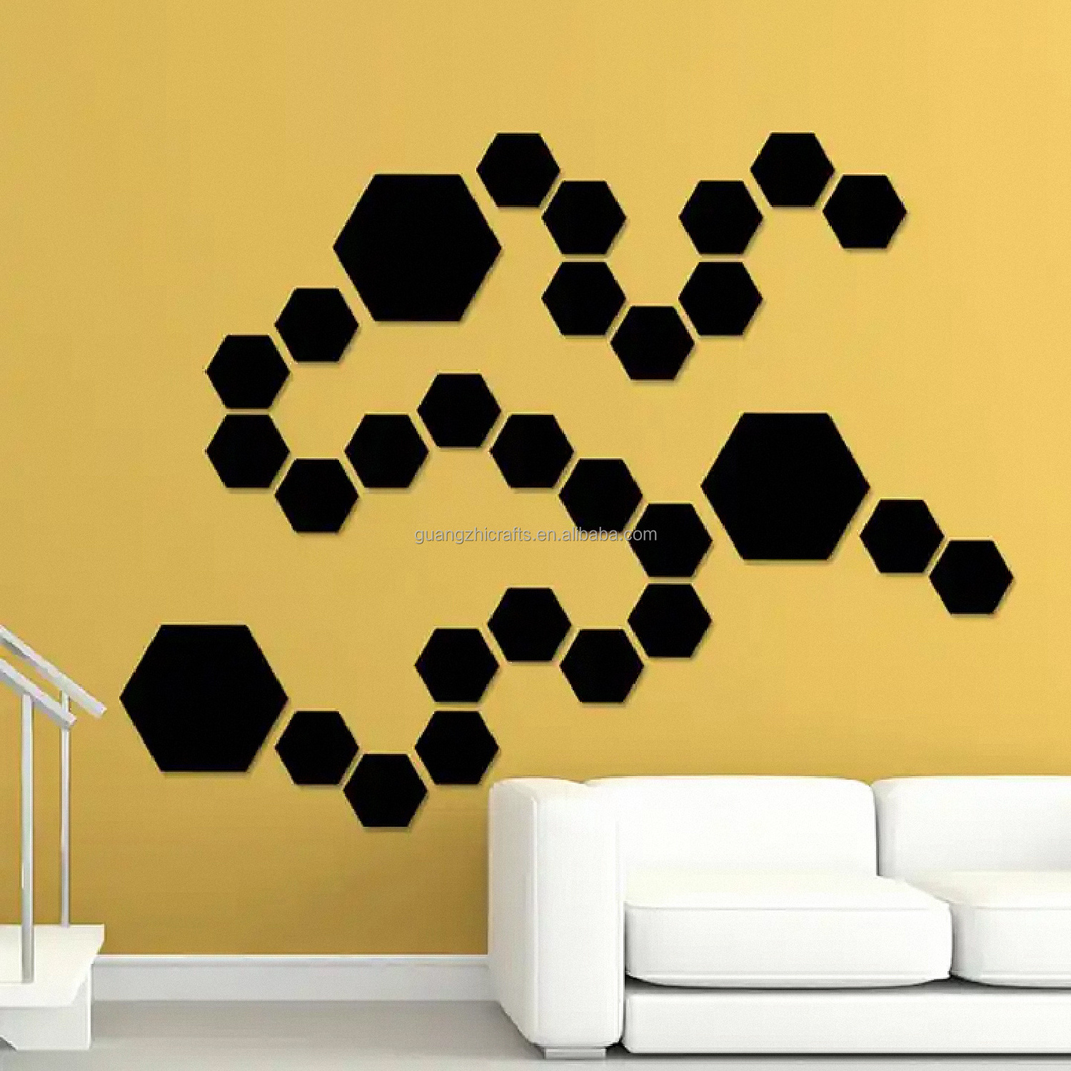 3D Black Mirror Acrylic Wall Sticker Laser Cut Acrylic Hexagon Shape Wall Mirror Sticker