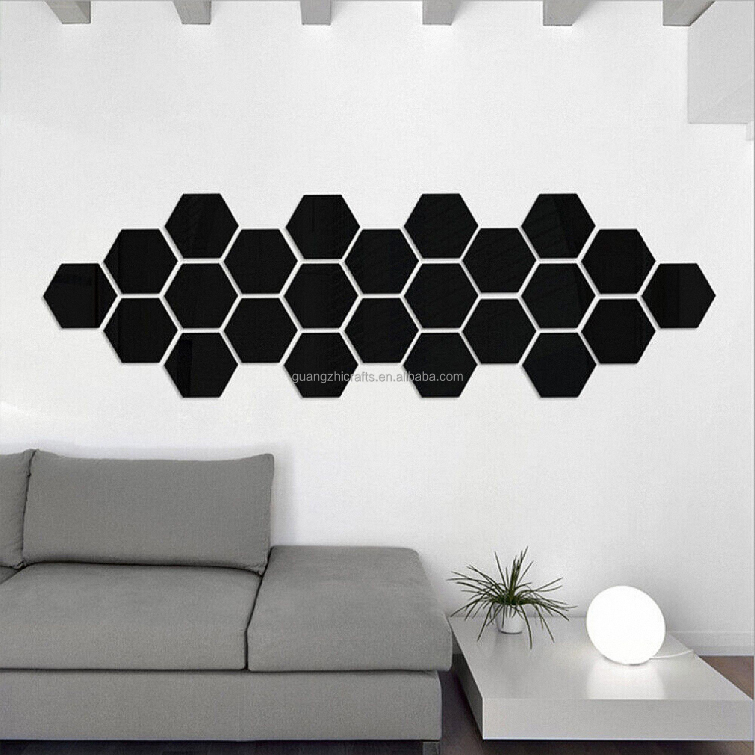 3D Black Mirror Acrylic Wall Sticker Laser Cut Acrylic Hexagon Shape Wall Mirror Sticker