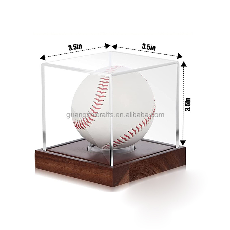 Clear Acrylic Cube Baseball Holder Acrylic Baseball Display Stand With Wooden Base