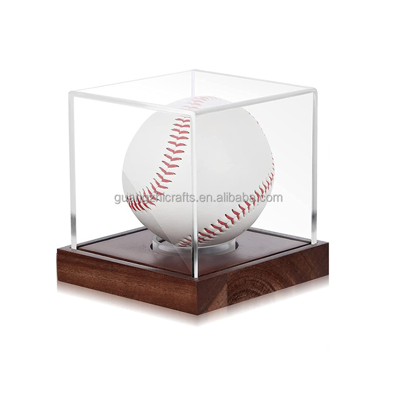 Clear Acrylic Cube Baseball Holder Acrylic Baseball Display Stand With Wooden Base