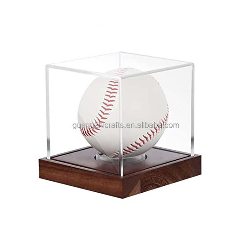 Clear Acrylic Cube Baseball Holder Acrylic Baseball Display Stand With Wooden Base