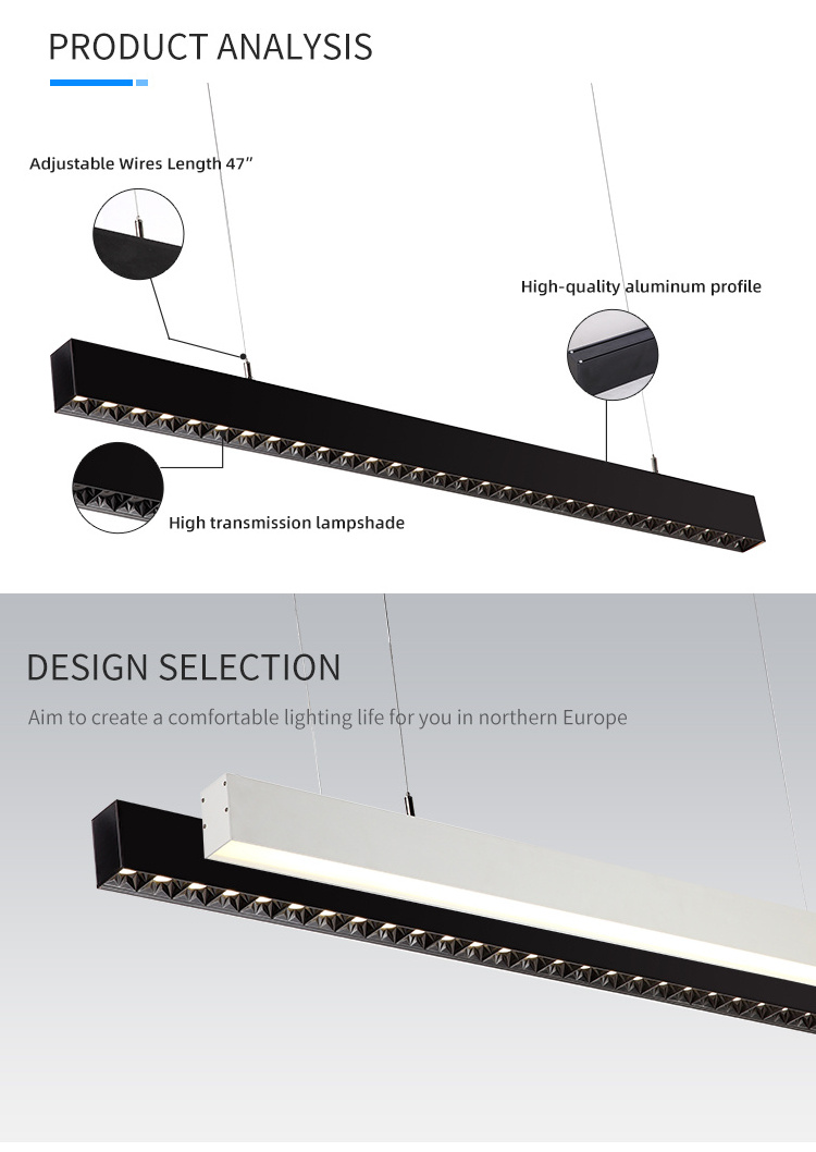 Modern Office Lighting Long Strip Lamp Ceil Linear Light With Adjustable Cord Suspension Hanging Lamp For Office Commercial