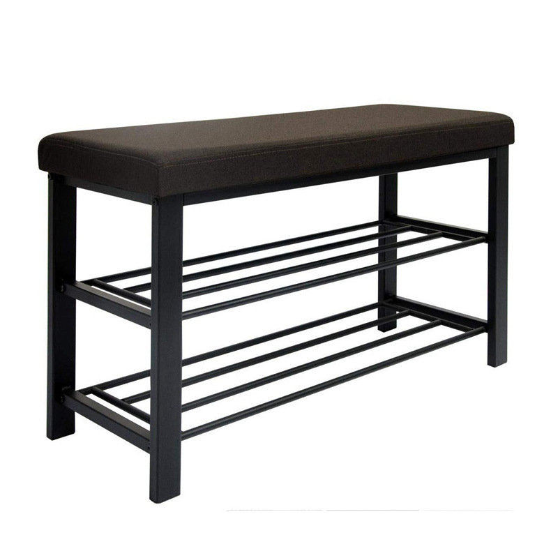 3 Layer black Iron Shoe Rack Metal Hallway Shoe Storage Bench With Cushion Seat