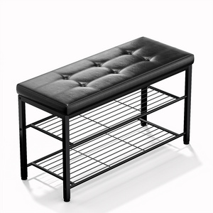 3 Layer black Iron Shoe Rack Metal Hallway Shoe Storage Bench With Cushion Seat