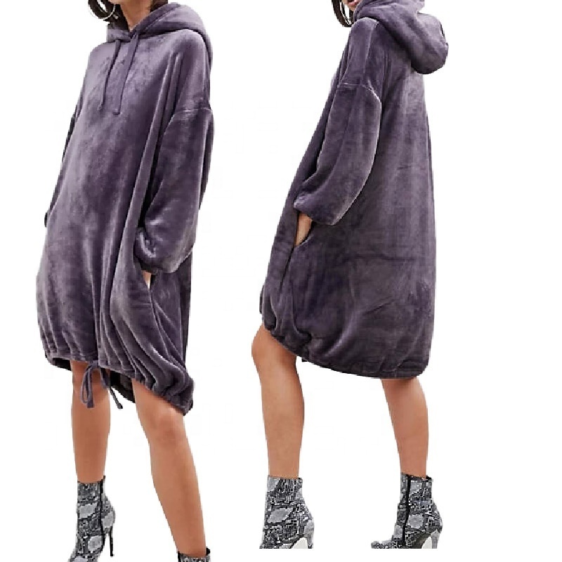 Winter wholesale women hooded fleece velour oversize hoodie dress with drawstring hem