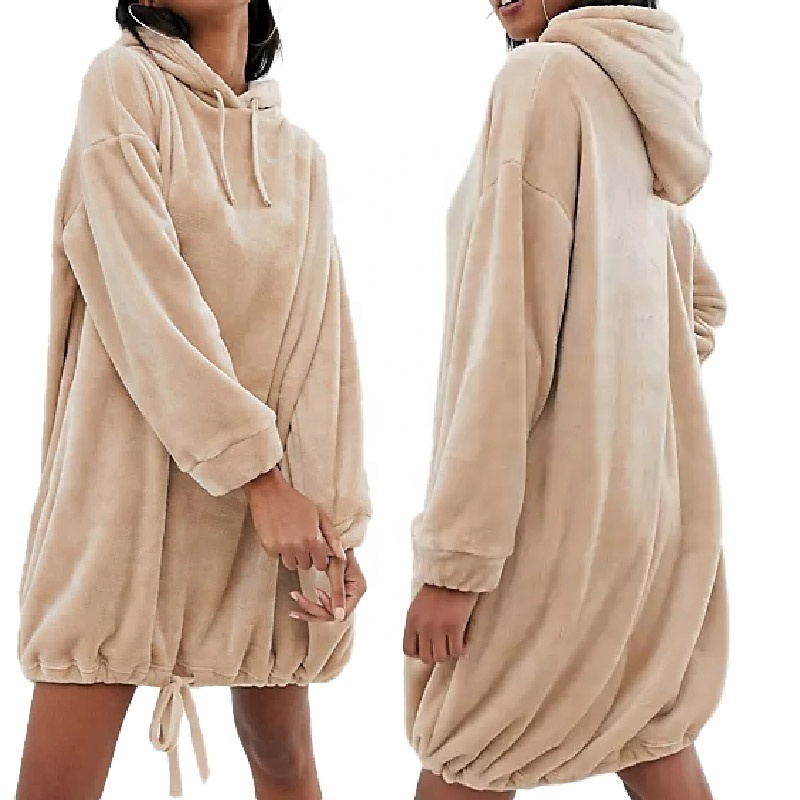 Winter wholesale women hooded fleece velour oversize hoodie dress with drawstring hem