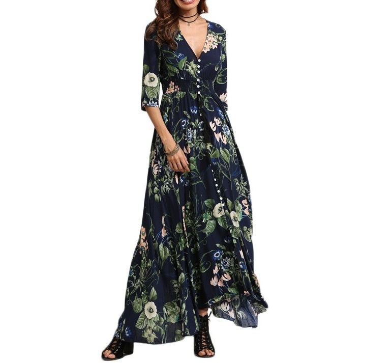 Women Boho Long Dress Latest Button Floral Print African Dress Picture Kitenge Designs