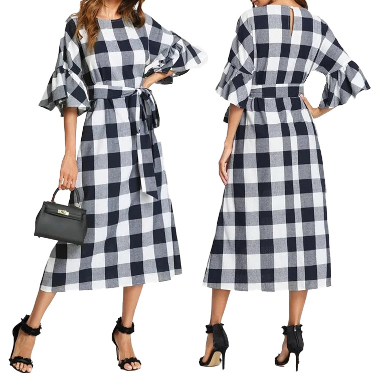 2022 New Women Belted Check Front Zipper Slit Tunic Wear To Work Business Casual Party Pencil Bodycon Sheath Dress