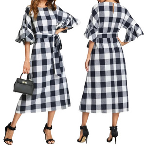 2022 New Women Belted Check Front Zipper Slit Tunic Wear To Work Business Casual Party Pencil Bodycon Sheath Dress