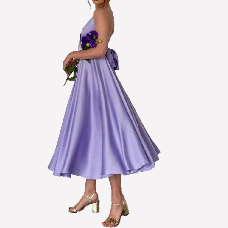 Bridesmaid Dresses Elegant Lilac Spaghetti Straps Bow Tie Backless Midi Length Swing Satin CLASSIC Plus Size Dress Knee-length