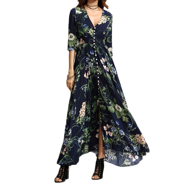 Women Boho Long Dress Latest Button Floral Print African Dress Picture Kitenge Designs