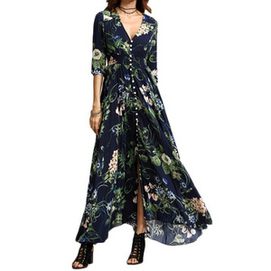 Women Boho Long Dress Latest Button Floral Print African Dress Picture Kitenge Designs