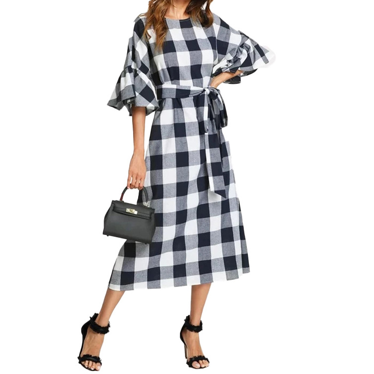 2022 New Women Belted Check Front Zipper Slit Tunic Wear To Work Business Casual Party Pencil Bodycon Sheath Dress