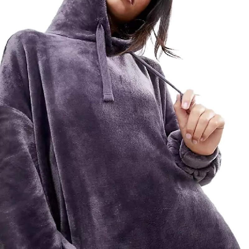 Winter wholesale women hooded fleece velour oversize hoodie dress with drawstring hem