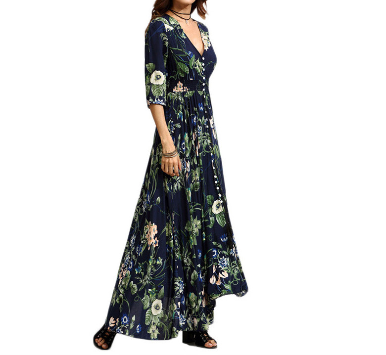 Women Boho Long Dress Latest Button Floral Print African Dress Picture Kitenge Designs