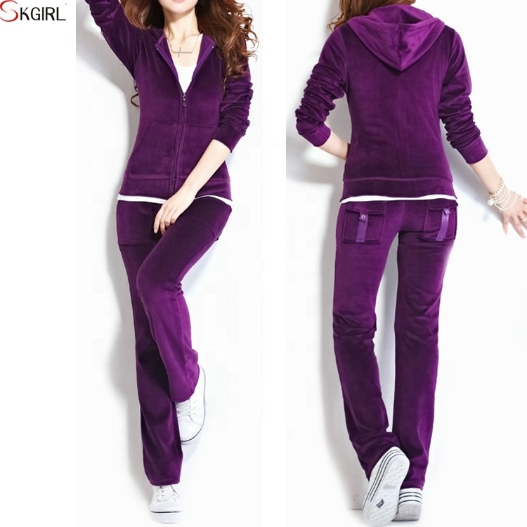 wholesale custom plain Velour Hoodie Sweat Suits set velvet tracksuits for women Sport