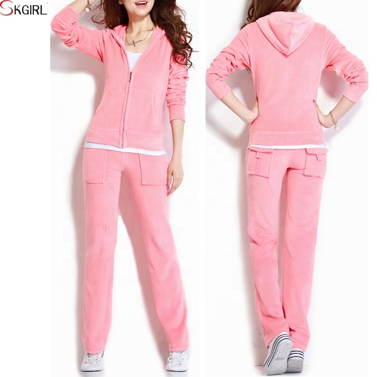 wholesale custom plain Velour Hoodie Sweat Suits set velvet tracksuits for women Sport