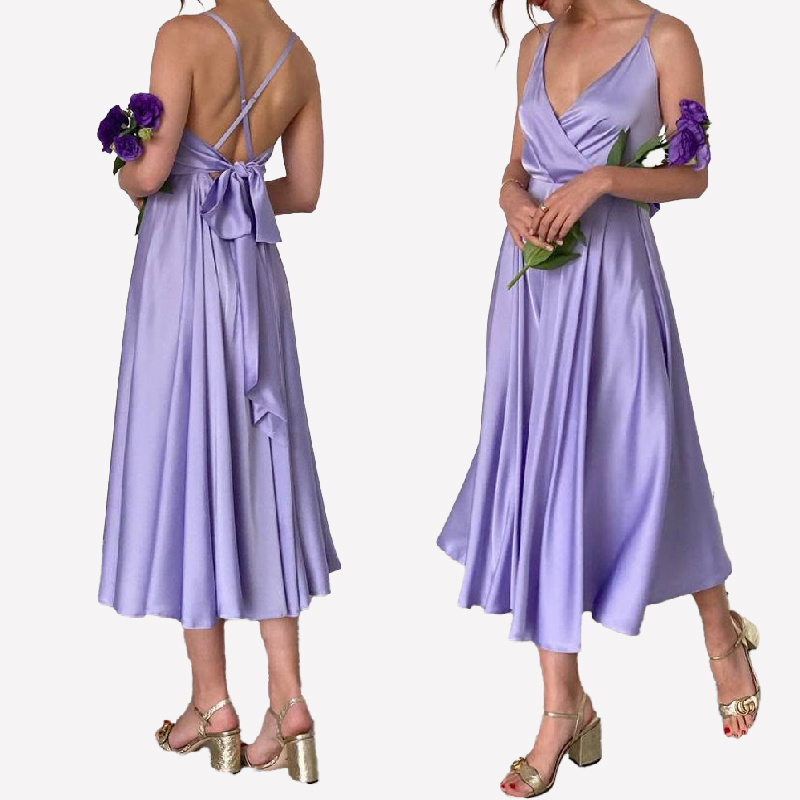 Bridesmaid Dresses Elegant Lilac Spaghetti Straps Bow Tie Backless Midi Length Swing Satin CLASSIC Plus Size Dress Knee-length