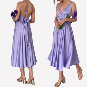 Bridesmaid Dresses Elegant Lilac Spaghetti Straps Bow Tie Backless Midi Length Swing Satin CLASSIC Plus Size Dress Knee-length