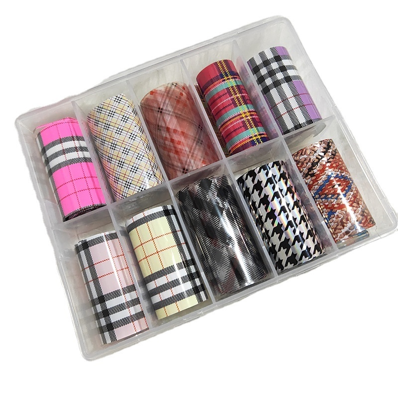 Plaid Foil 10 pcs /set 4*100 cm Nail Foil Set Flower Starry Sky Colorful Nail Art Sticker Decals for Nail Decorations