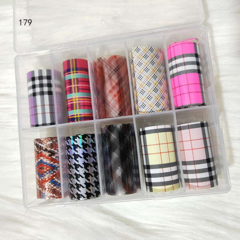 Plaid Foil 10 pcs /set 4*100 cm Nail Foil Set Flower Starry Sky Colorful Nail Art Sticker Decals for Nail Decorations