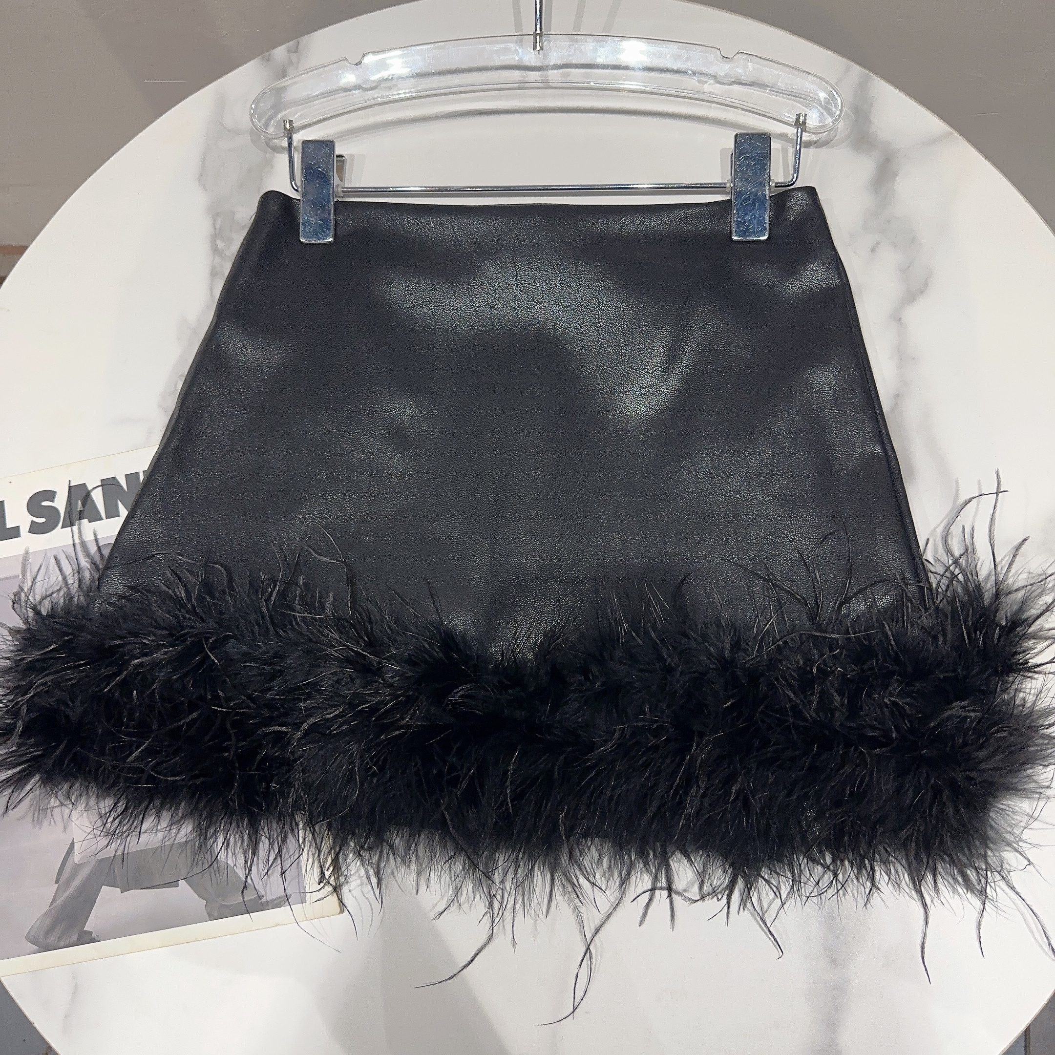 LE1963 New Sexy Girl Dark Spice Ostrich Fur Edge Pu Leather Skirt Skirt A-Line Skirt