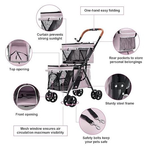 Hot Selling newly design folding cheap 4 wheel double pet carriers dog travel detachable pet stroller