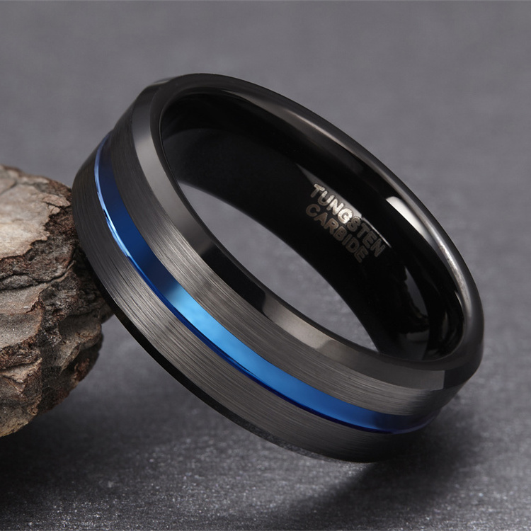 Somen 8mm Blue Line Grooved Inlay Ring Brushed Black Mens Tungsten Carbon Bands for Wedding Men's Jewelry