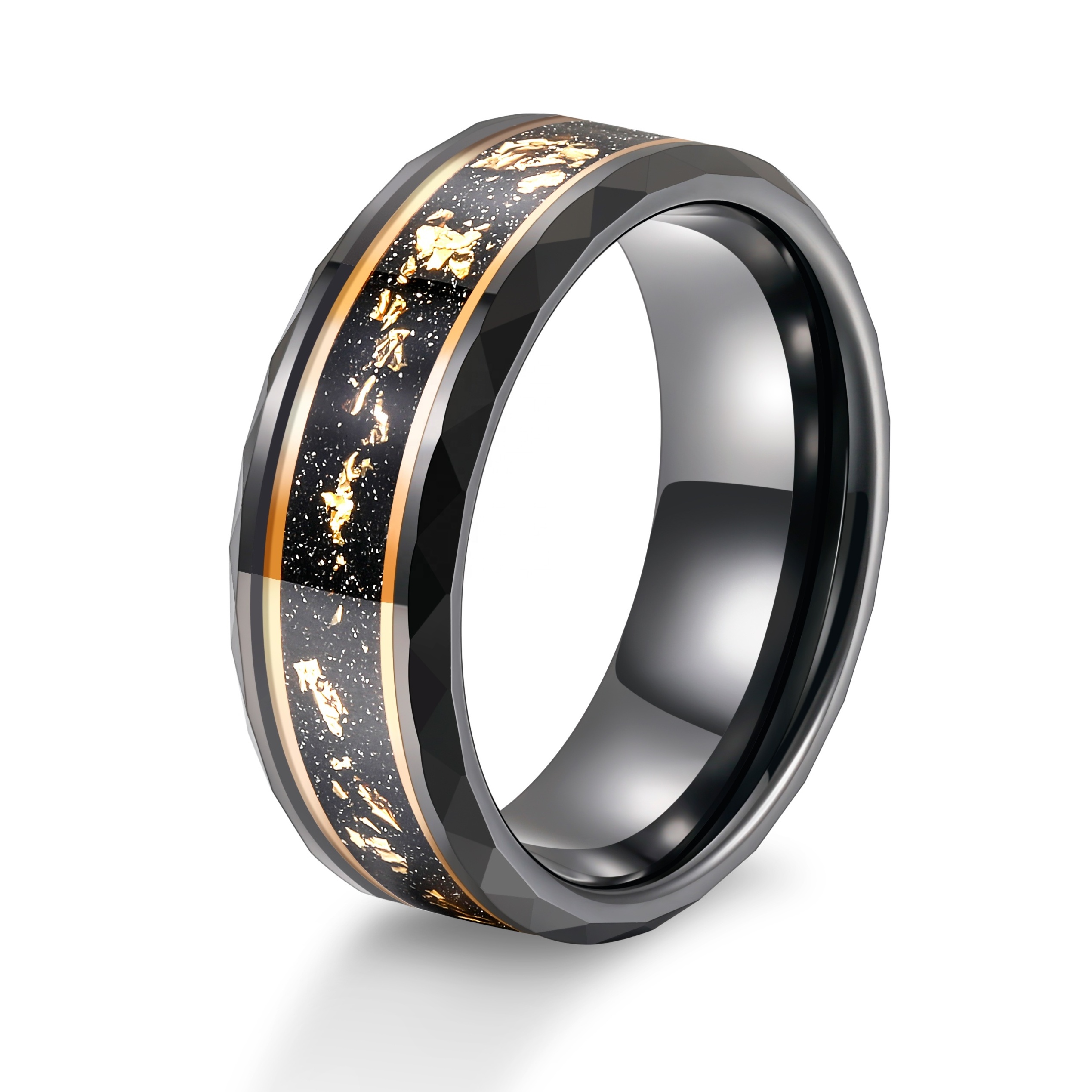 Male Wedding Jewelry 8mm Wide Bands Hammered Edge Black Meteorite Gold Foil Plated Tungsten Carbide Rings for Men