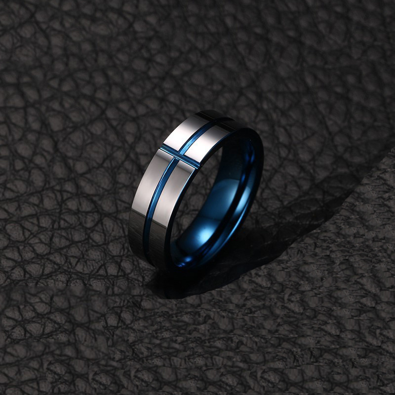 Somen Customized 6mm Grooved Thin Blue Line Cross Tungsten Ring Men Women Wedding Band Wholesale