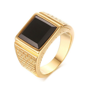 High Polished Black Agate Stone Inlay 24K Gold Plated Stainless Steel Rings for Men Fashion Jewelry