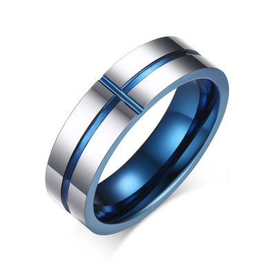 Somen Customized 6mm Grooved Thin Blue Line Cross Tungsten Ring Men Women Wedding Band Wholesale