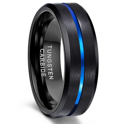 Somen 8mm Blue Line Grooved Inlay Ring Brushed Black Mens Tungsten Carbon Bands for Wedding Men's Jewelry