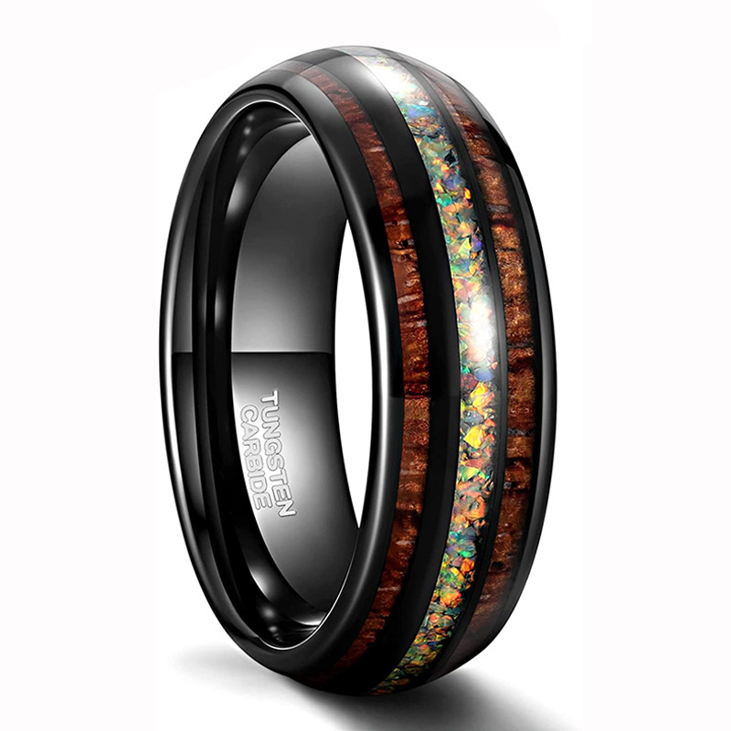 Somen 8mm Abalone Shell Black Tungsten Carbide Ring Wedding Band Men High Polish Real Hawaiian Koa Wood Galaxy Opal Ring Jewelry