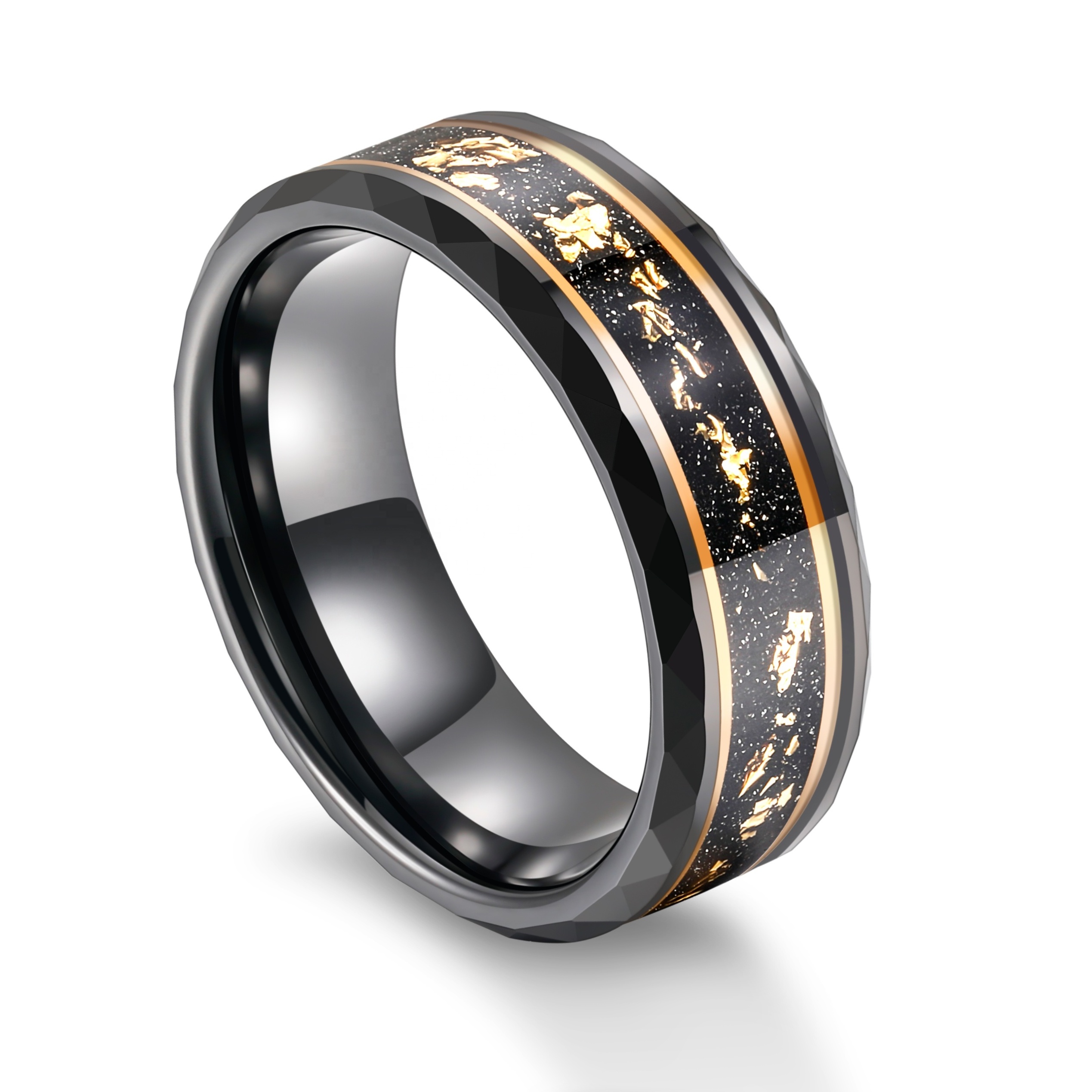 Male Wedding Jewelry 8mm Wide Bands Hammered Edge Black Meteorite Gold Foil Plated Tungsten Carbide Rings for Men