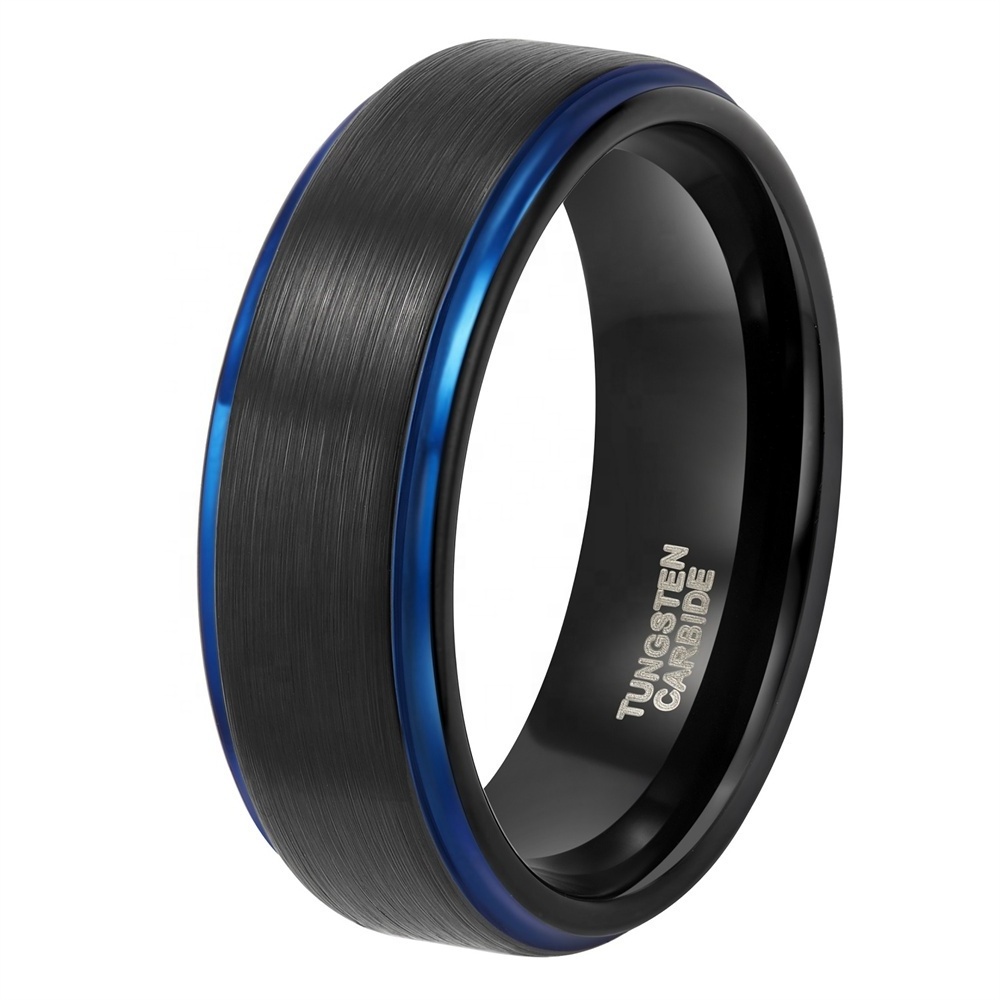 Tungsten Wedding Band Ring for Men Women Blue Step Edge Black Brushed Tungsten Carbide Rings Size 6-13