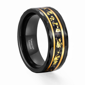 Male Wedding Jewelry 8mm Wide Bands Hammered Edge Black Meteorite Gold Foil Plated Tungsten Carbide Rings for Men