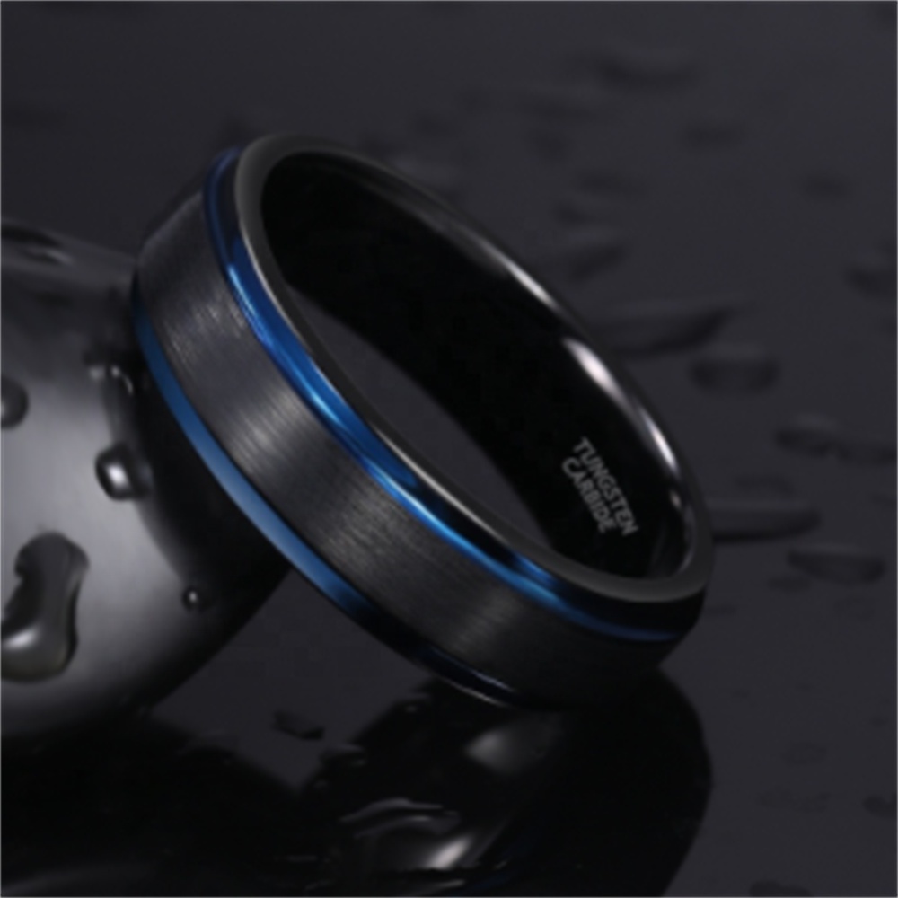 Tungsten Wedding Band Ring for Men Women Blue Step Edge Black Brushed Tungsten Carbide Rings Size 6-13