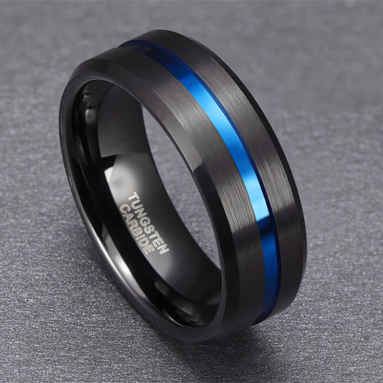 Somen 8mm Blue Line Grooved Inlay Ring Brushed Black Mens Tungsten Carbon Bands for Wedding Men's Jewelry